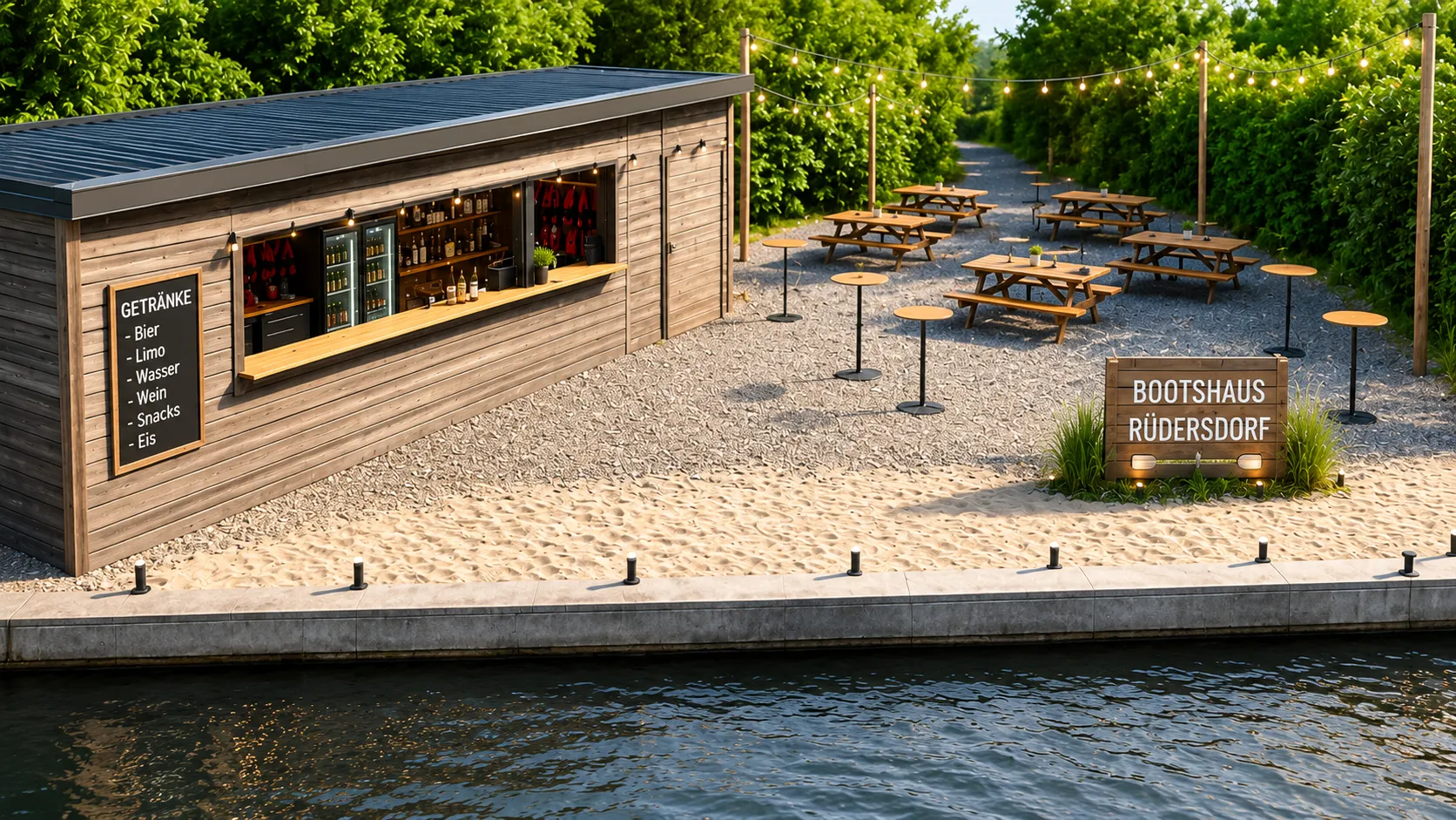 Bootshaus am Wasser mit Steg und Booten – Blick auf die Location.
