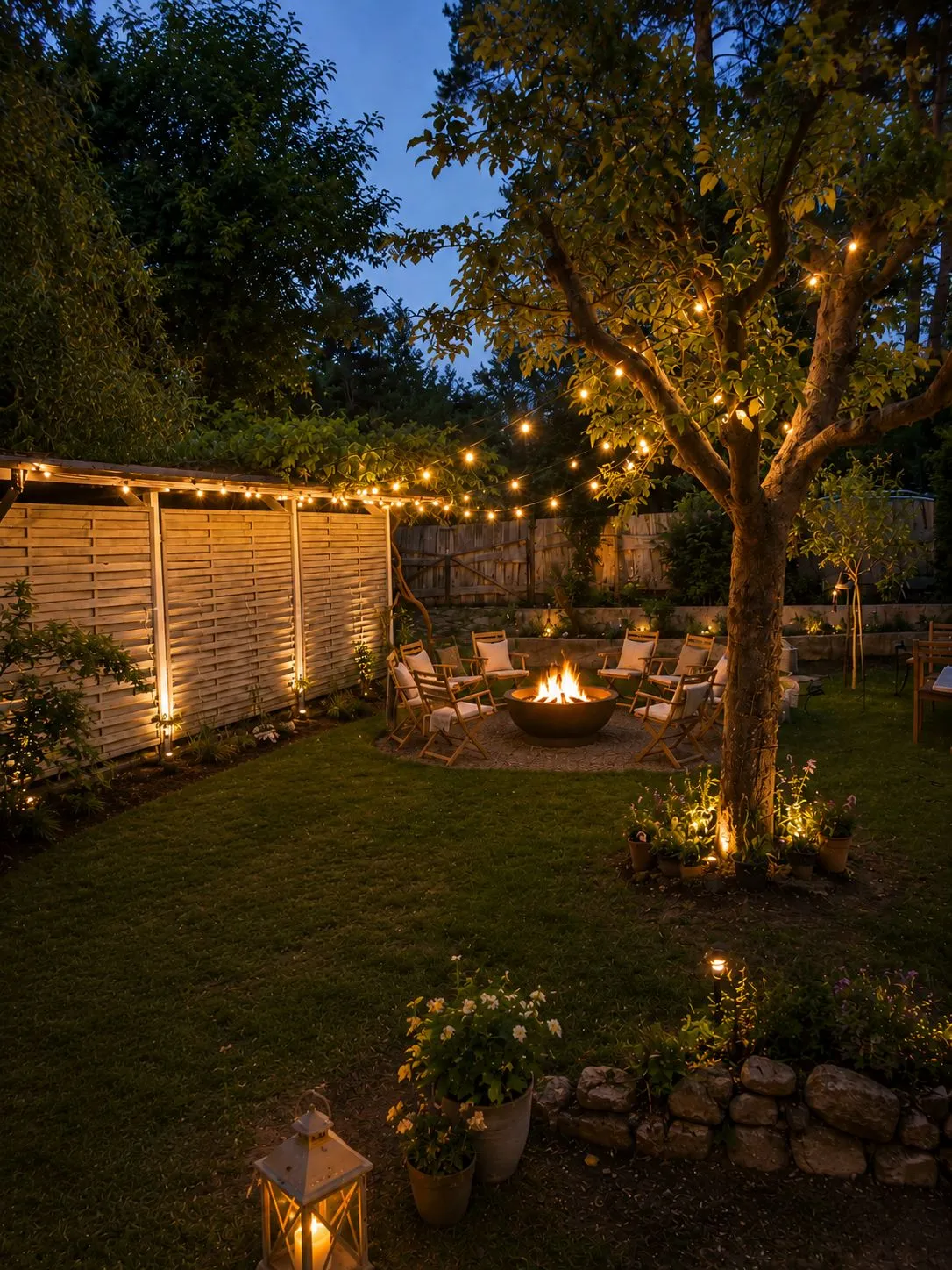 Gartenpartie am Abend: gemütliche Loungeecke im Vordergrund, dahinter beleuchtetes Gewächshaus und Stretchzelt mit Lichterketten zwischen alten Bäumen.