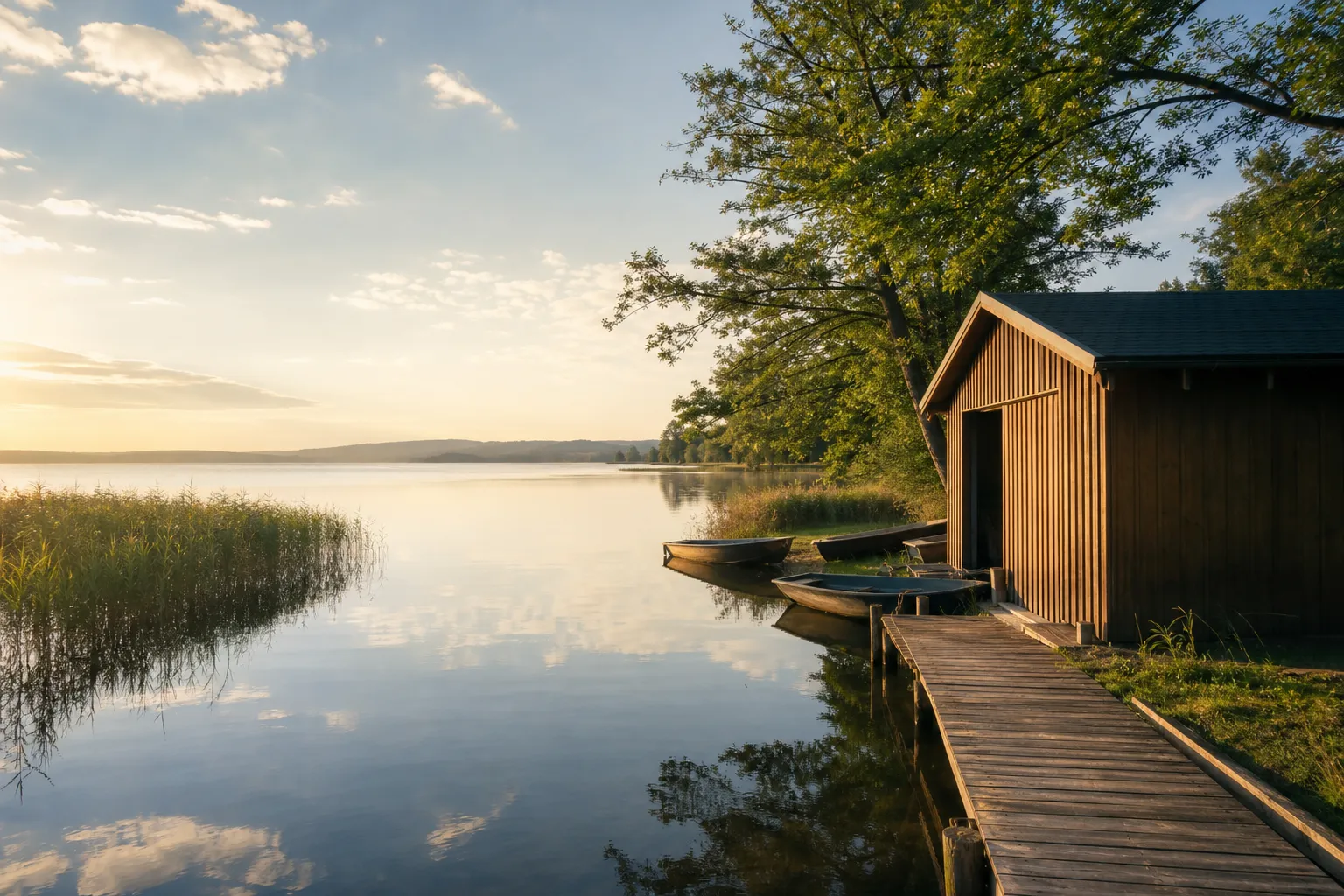 Bootshaus am Wasser mit Steg und Booten – Blick auf die Location.