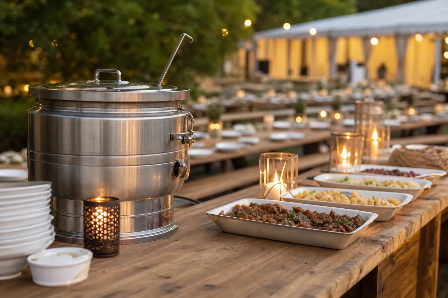 Eingedeckte Eventtafel mit Gulaschkanone und Windlichtern im Abendlicht.