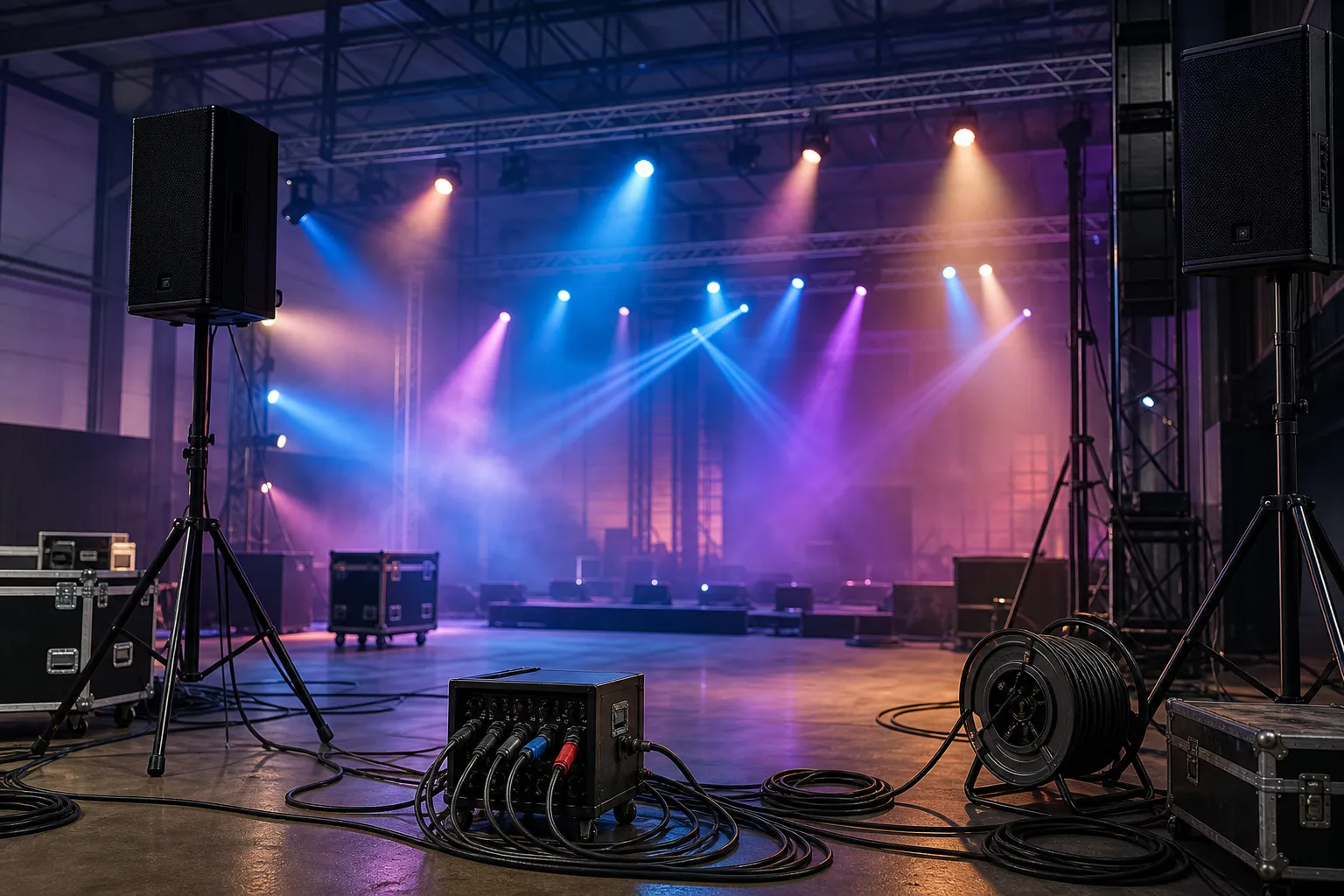 Bühnentechnik mit Lautsprechern und farbigem Bühnenlicht in einer leeren Halle.